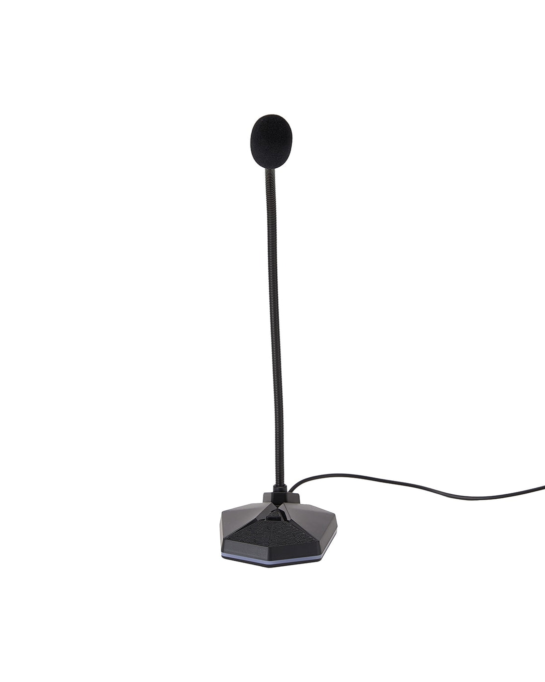 Close up view of gaming microphone with RGB light from the front