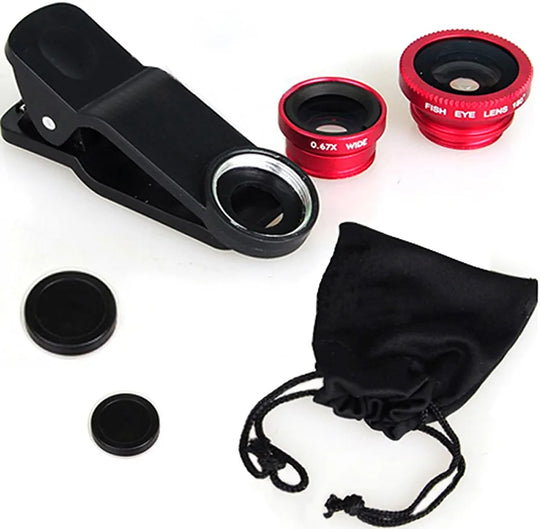 An image showing Universal  Clip Lens including handle, Camera lens, camera cover and bag on white background